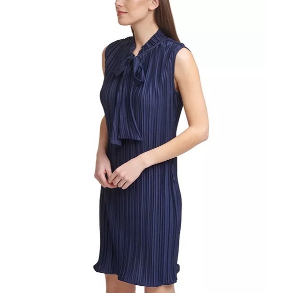 DKNY Navy‎ Blue Sleeveless Pleated Tie-Neck Dress Size 16